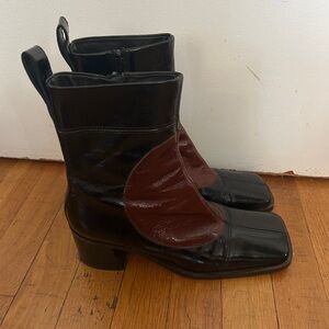 Miista Black and Brown Heeled Boots size 8 patent leather square toe